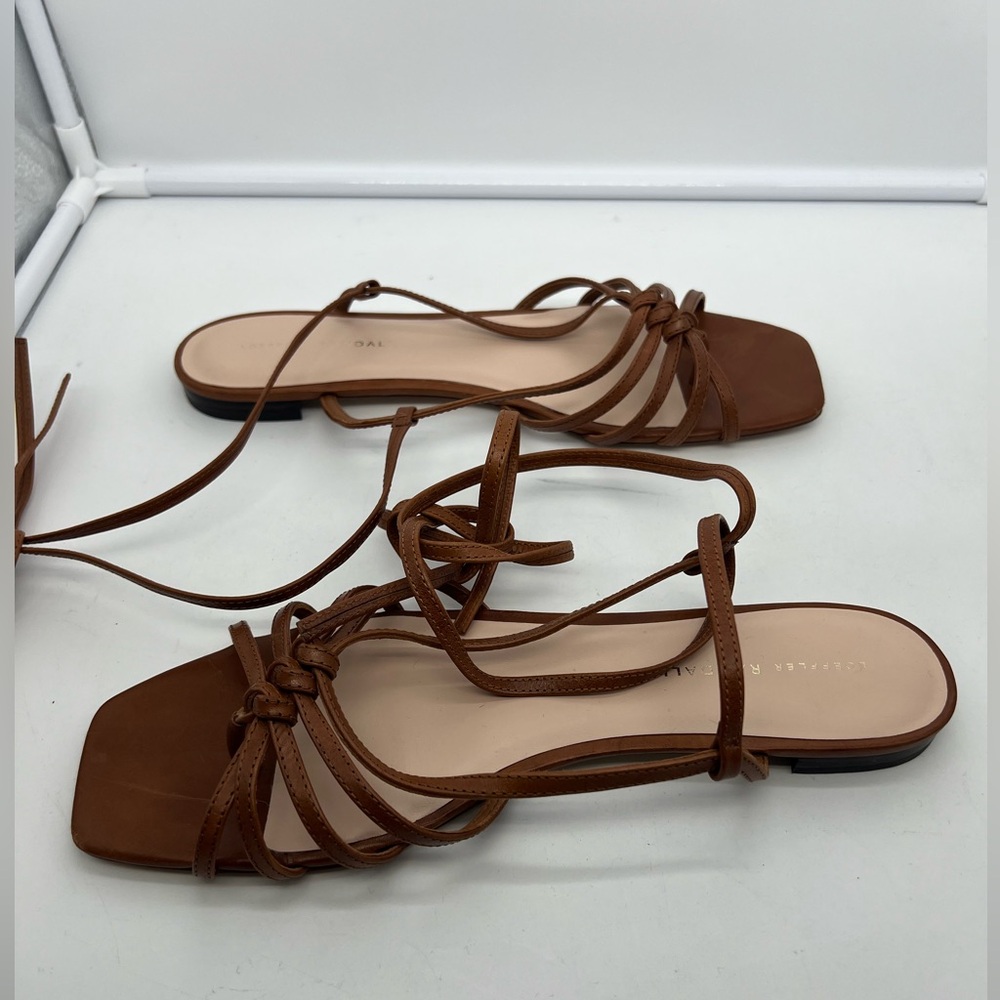 LOEFFLER RANDALL Lorelai Cognac Leather Open Toe Ankle Wrap Flat Sandals sz 10.5 - Picture 8 of 10